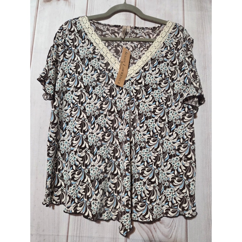 Susan‎ Lawrence Woman 2X Floral Paisley V-Neck Lace Trim Top Brown Blue NWT